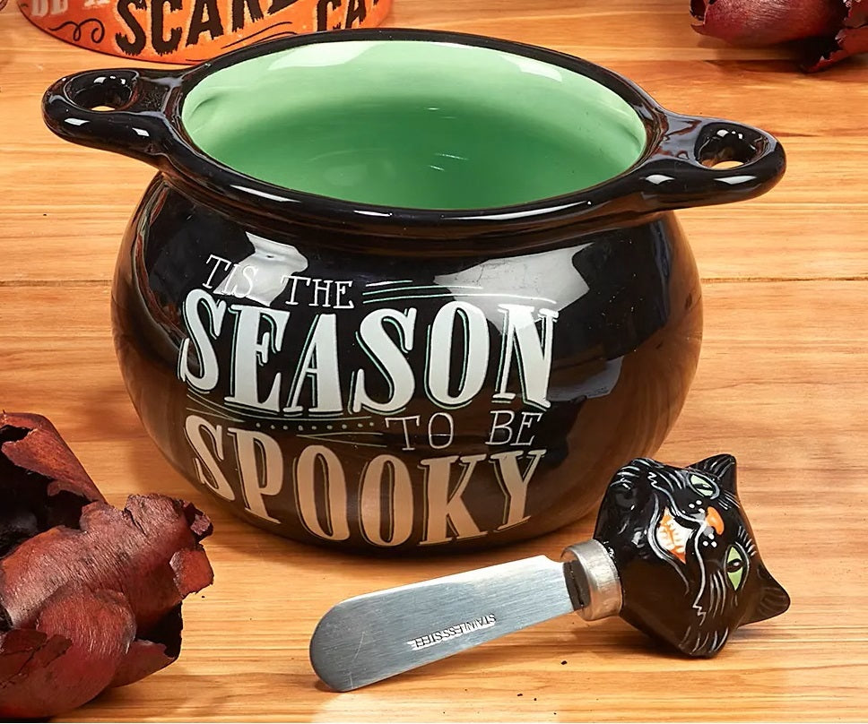 Cauldron Dip Bowl with Black Cat Spreader